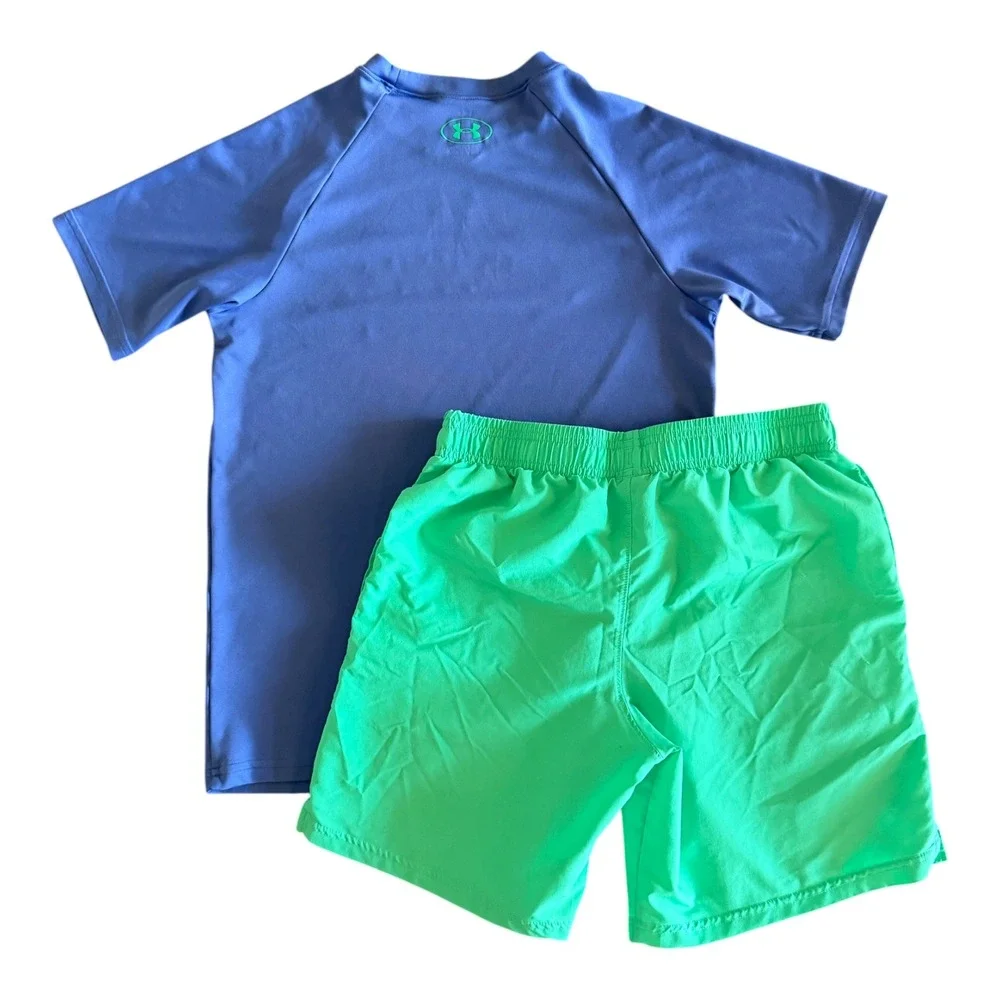 Under Armour Boys Blue Green Athletic Shirt Shorts Set - Youth Large